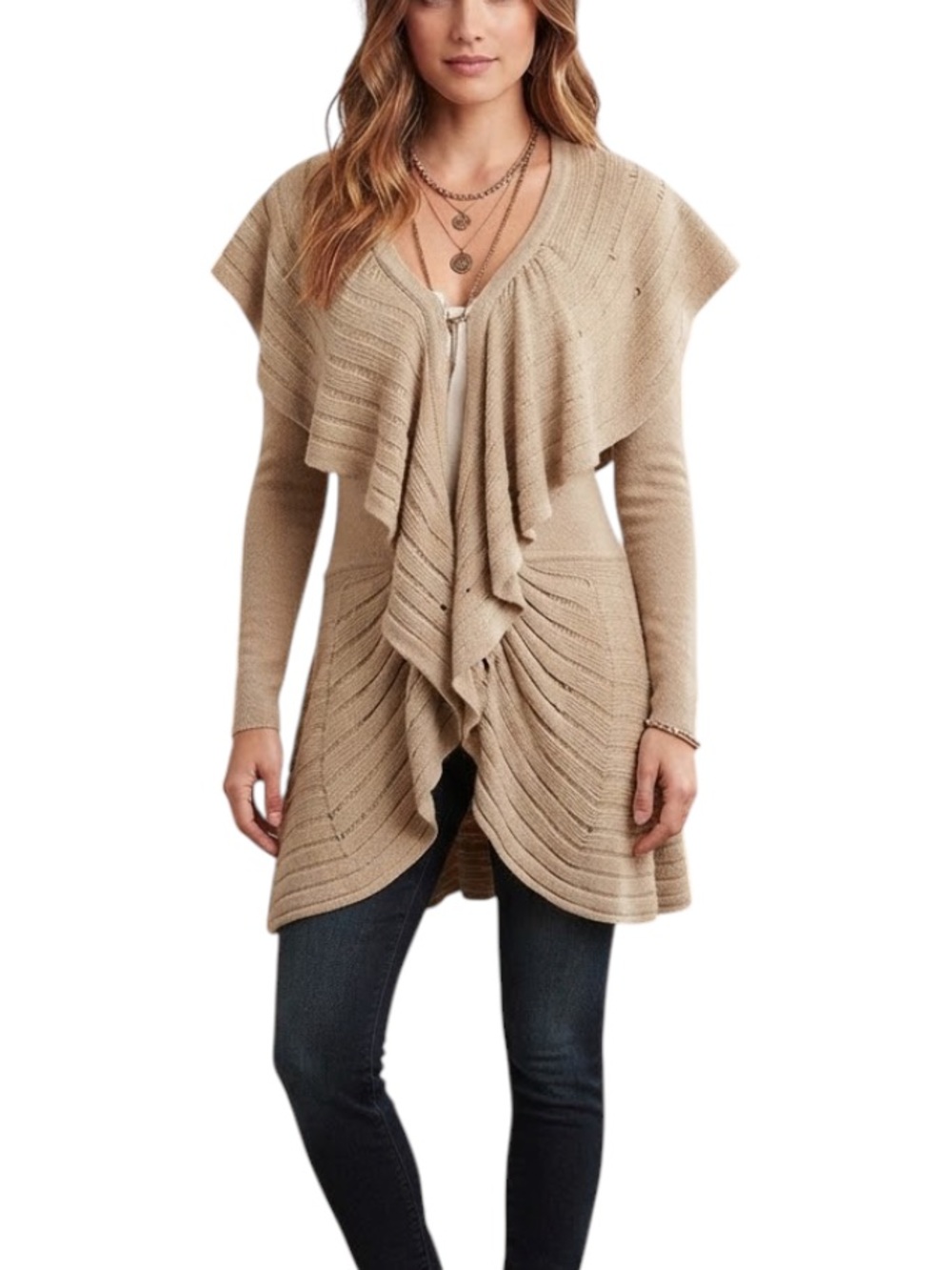 Leifnotes Boho Ruffle Cape Cardigan Tunic Sweater Tan Neutral Medium